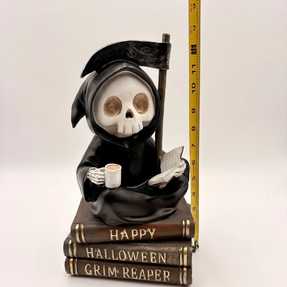 Halloween Grim Reaper Sitting on Books Coffee Scythe Resin Figurine Statue